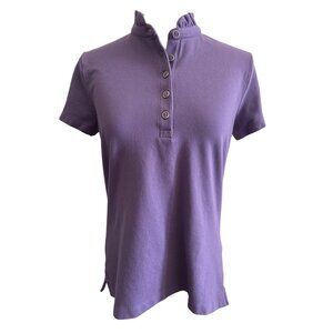 Lands End Purple Ruffle High Neck Collar Short Sleeve Half Button Top Medium